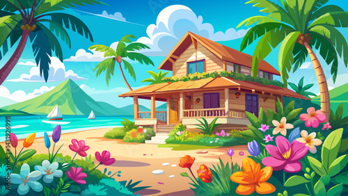 Tropical beachfront cottage with turquoise water and colorful flowers on a sunny day near the ocean
