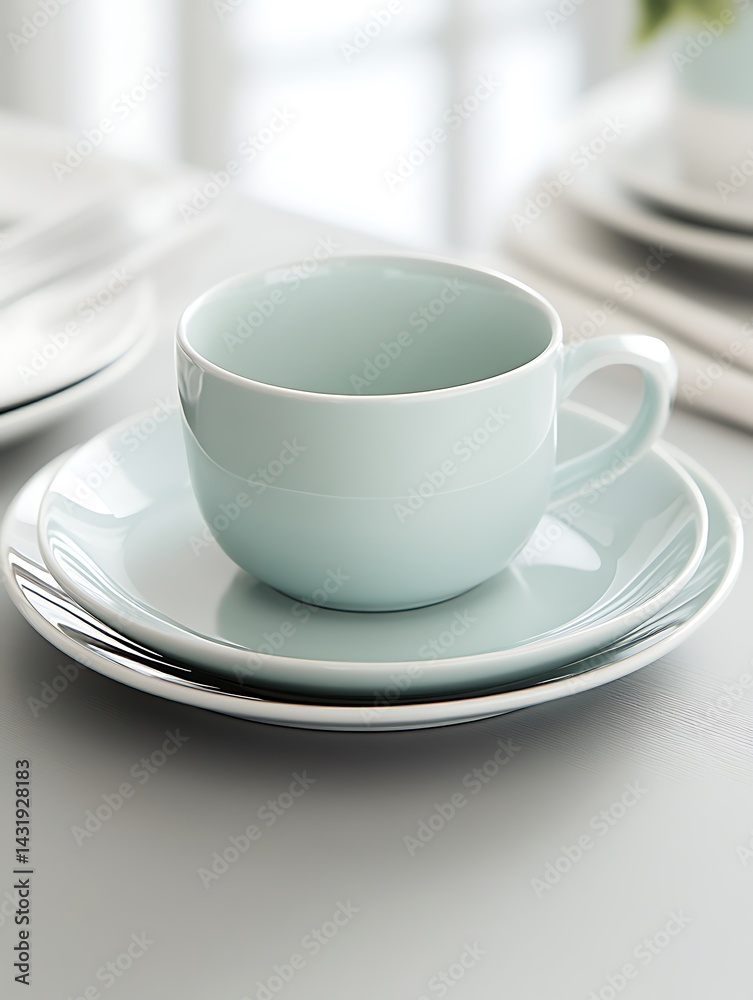 Elegant, Light Blue Cup Serenely Resting on Saucer, Displaying Simplicity in a Minimalist Elegant, Light Blue Cup Serenely Resting on Saucer, Displaying Simplicity in a Minimalist