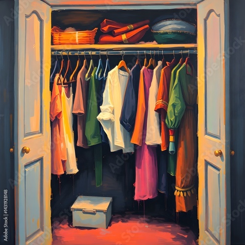 A bold acrylic painting depicting a closet with sober-style clothing, conveying an ethereal spiritual vibe with a light aura, mystical feeling, and vibrant colors using textured brushstrokes