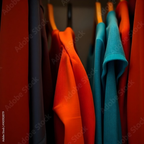 An extreme macro close-up of a soberly styled clothes closet, showcasing warm terracotta and cool teal creative light art small subject detail, artistic lighting, abstract patterns, earthy and cool co