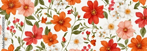 Floral pattern. Pretty flowers on a white background. Printing with small orange, red, and pink flowers. 