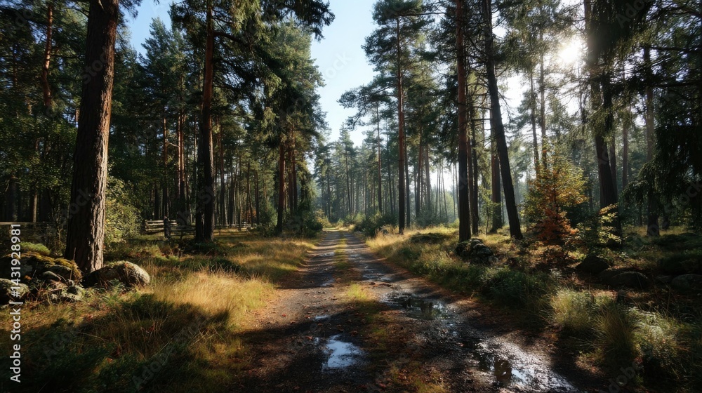 Obraz premium Exploring a serene Baltic forest path illuminated by sunlight filtering through tall pines