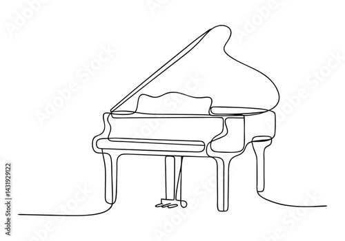 Continuous single line drawing of a luxury wooden grand piano in minimalist black and white vector style