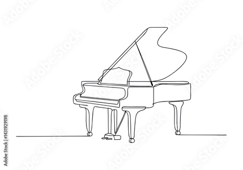 Continuous single line drawing of a luxury wooden grand piano in minimalist black and white vector style