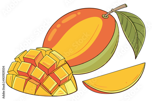 37 Realistic mango, vibrant colors, juicy tropical fruit, ripe mango with leaf, sliced mango pieces, glossy skin texture, gradient yellow to orange, photorealistic, studio lighting, white background, 