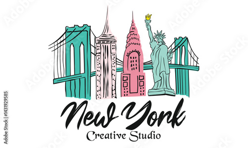 New York city t shirt print design, City abstract art design for fashion, top, dress, graphics, slogan tee, posters and others. , New york city hand drawing. Brooklyn bridge street view. 