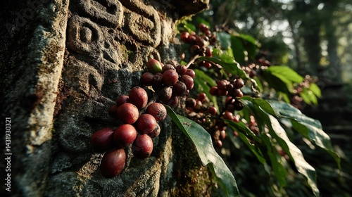 Coffee cherries encircle a Mayan stele at golden hour with ancestral figures in view