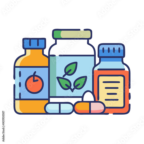 Colorful supplement bottles and capsules illustration on black