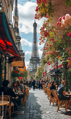 Charming Parisian street scene with outdoor dining, blooming flowers, and Eiffel Tower backdrop