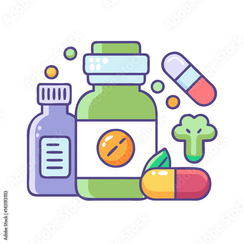Supplement bottles and capsules, health and wellness concept