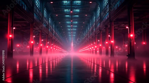 Futuristic industrial hallway with glowing lights and fog
