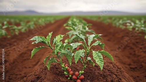 Lush Coffee Plantation Thrives Under a Cloudy Sky, Promising a Rich Harvest in the