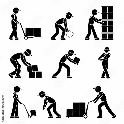 manual labor icons, warehouse workers, lifting boxes,