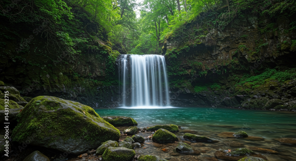 Obraz premium Majestic waterfall cascading into blue pool surrounded by lush green forest, moss-covered rocks. wilderness sanctuary. Pristine landscape. Peaceful meditation retreat. Water conservation. Ecotourism