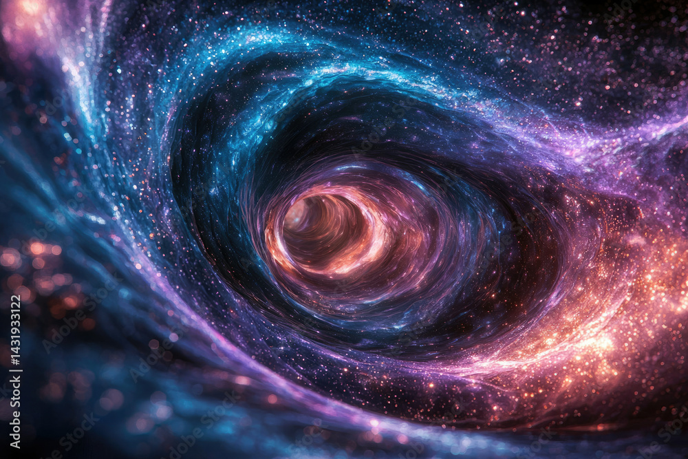 A mesmerizing cosmic vortex, swirling nebulae and stars converging into a vibrant, ethereal black hole. A mesmerizing cosmic vortex, swirling nebulae and stars converging into a vibrant, ethereal black hole.