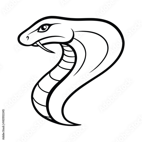 Illustration of cobra head with fangs ready to strike black and white outline style sharp features detailed snake venomous reptile drawing