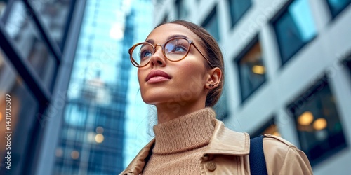 Obraz na płótnie A young woman with glasses gazes confidently into the distance. She wears a stylish outfit and stands among modern buildings. This portrait captures urban fashion and optimism. AI w salonie