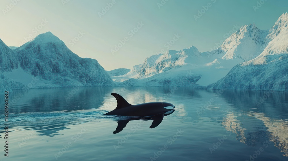 Fototapeta premium Majestic orca glides through icy fjord landscape.