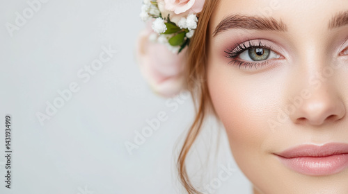Elegant portrait of a woman with gentle makeup and floral hair accessory