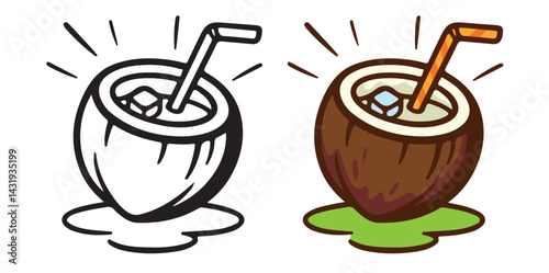 Hand-drawn coconut drink with straw and ice cubes. Summer tropical beverage illustration. Isolated on white background