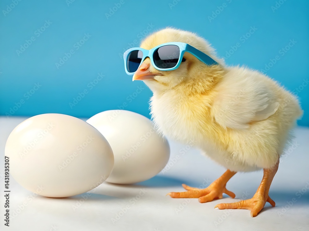 A chick wearing sunglasses standing next to two eggs on a white surface against a blue background A chick wearing sunglasses standing next to two eggs on a white surface against a blue background