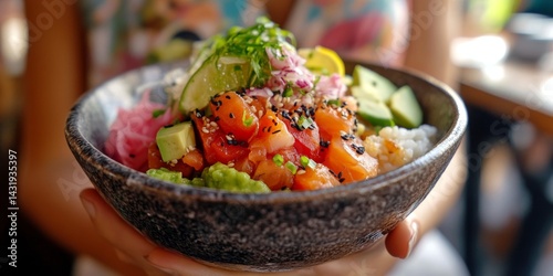 A vibrant bowl of fresh sushi ingredients held by a person. This delicious meal showcases a blend of flavors and colors. Perfect for food lovers and culinary enthusiasts. AI