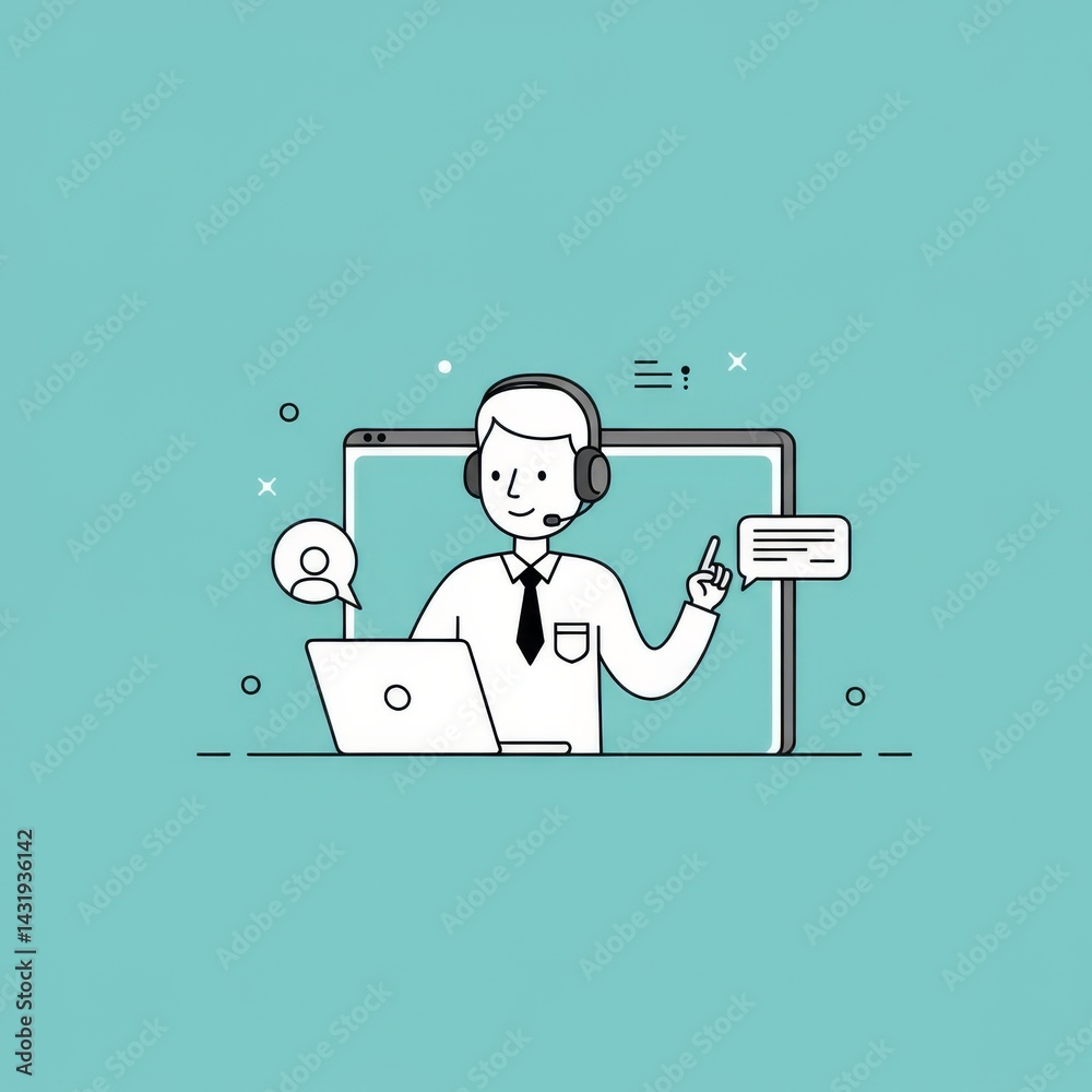Customer support concept with cartoon businessman in headset on laptop for digital services