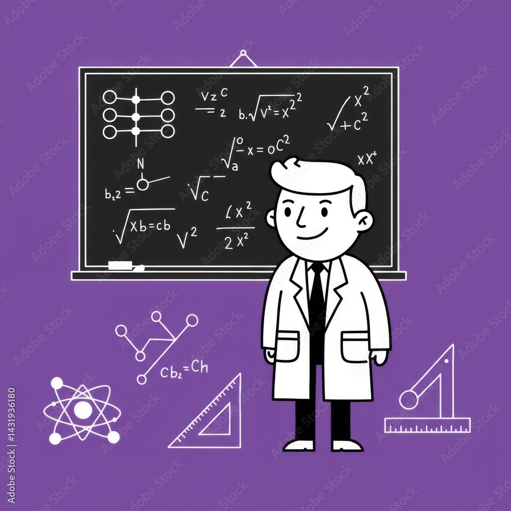 Cartoon scientist in lab coat with chalkboard on purple background for educational design