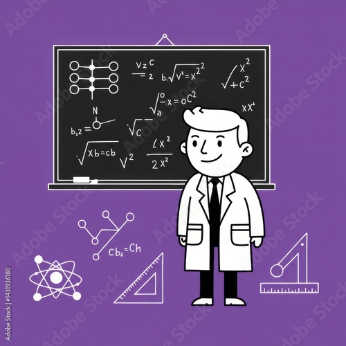 Cartoon scientist in lab coat with chalkboard on purple background for educational design