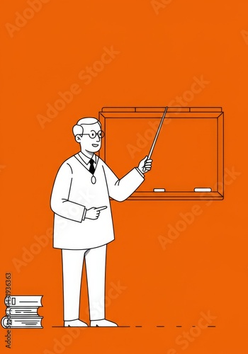 Classroom education concept with teacher explaining lesson on orange background