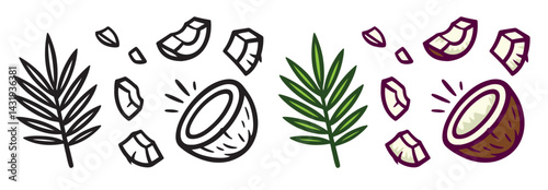 Tropical illustration of coconut halves, fragments, and palm leaf in hand-drawn cartoon style isolated on white background