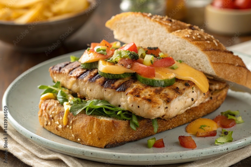 Delicious grilled chicken sandwich with fresh vegetables and cheese on toasted bread - generated by ai Delicious grilled chicken sandwich with fresh vegetables and cheese on toasted bread - generated by ai