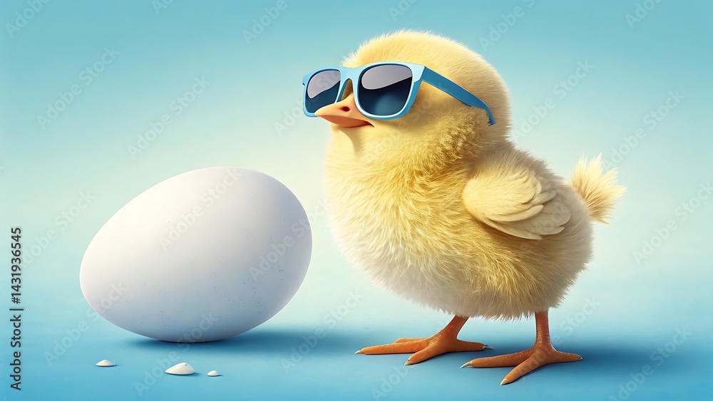 A fluffy chick with sunglasses standing next to an egg on a light blue background illustration A fluffy chick with sunglasses standing next to an egg on a light blue background illustration