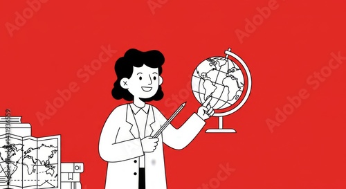 Obraz na płótnie Geography lesson concept with teacher explaining world map on red background w salonie