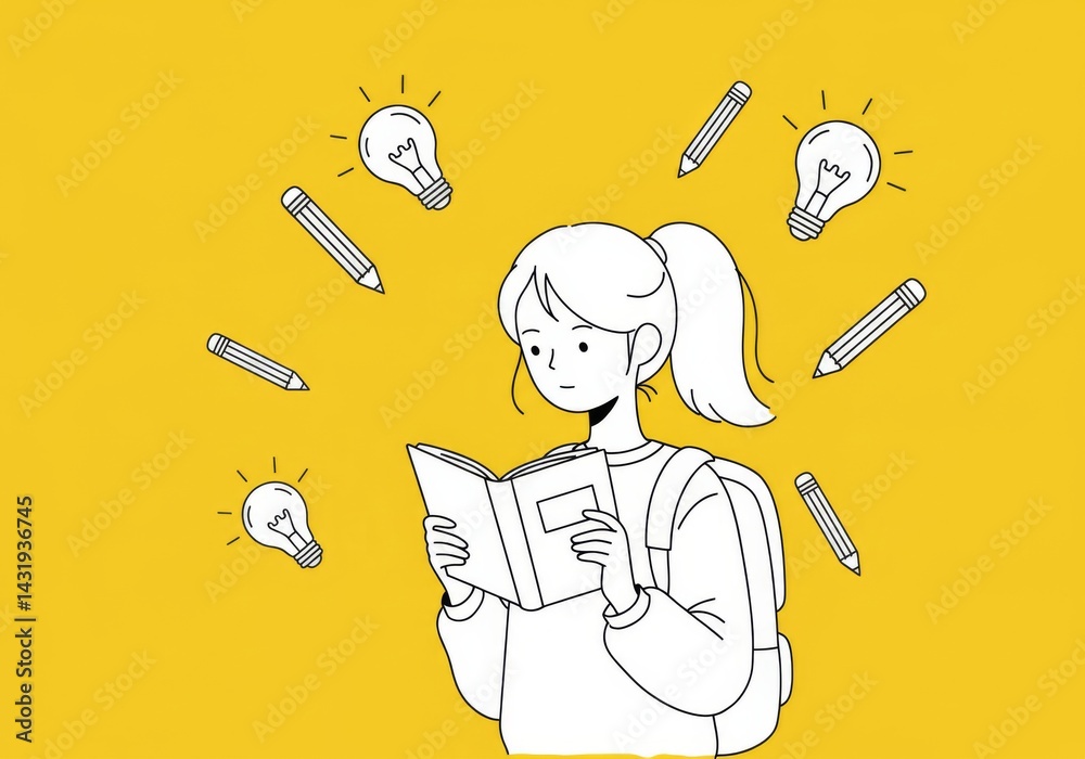Creative learning concept with girl reading book surrounded by light bulbs and pencils