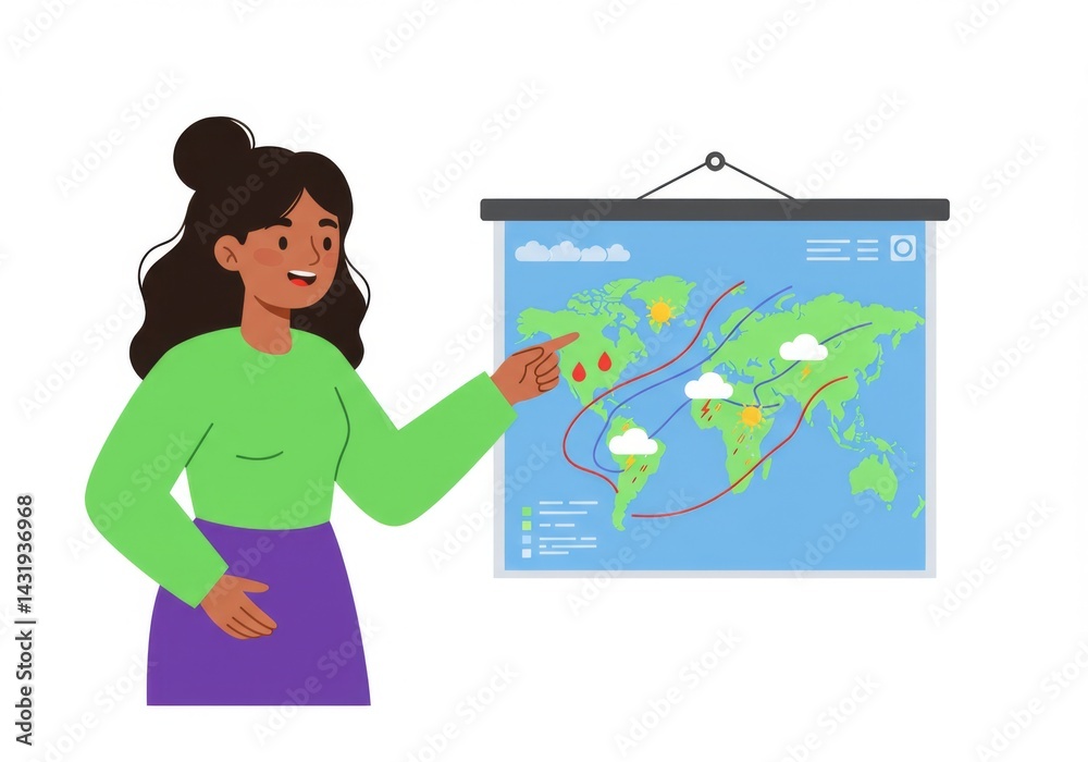 Cartoon weather forecasting presentation with woman explaining global climate patterns, education and meteorology concept