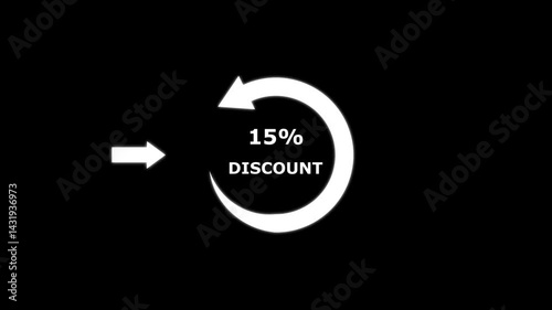 Abstract white arrow indicator isolated circle persent and discount, less, upto, text animation on black background. Sale, 15% off discount. animation for e-commerce and online shop in 4K resolution.