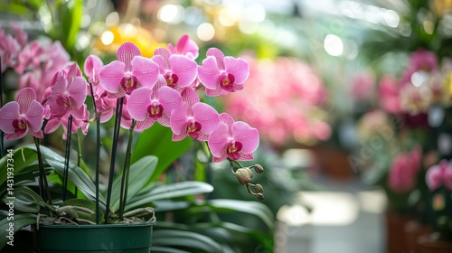 A group of pink orchids in green pots, placed on stands in a garden plant shop, blooming plants ready for sale
