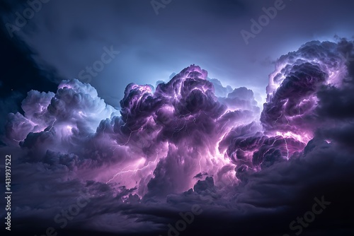 Dark thunderclouds glowing in blue and purple, illuminated by occasional lightning, creating an intense and atmospheric scene.