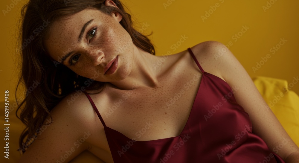 Relaxed portrait of woman in maroon dress against yellow background