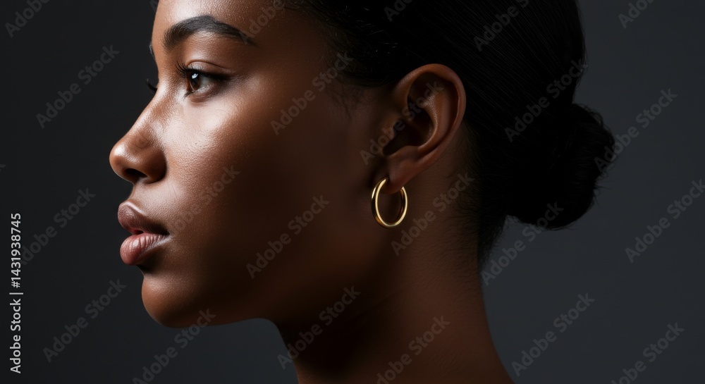 Elegant portrait of woman featuring gold hoop earrings on dark background