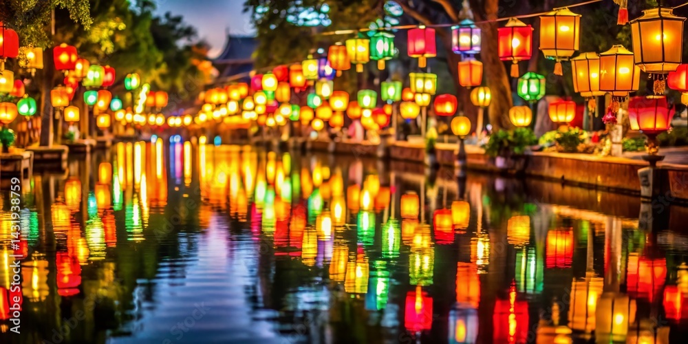 Obraz premium Vibrant Festival Lanterns Reflecting in Calm River at Night