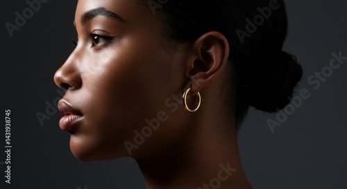 Obraz na płótnie Elegant portrait of woman featuring gold hoop earrings on dark background w salonie