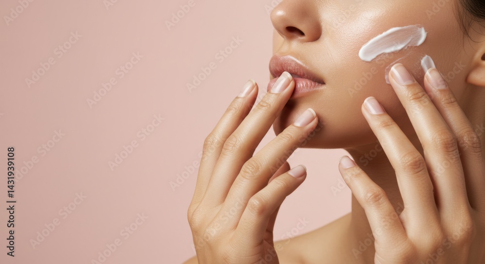 Skincare beauty regimen with moisturizing cream on face for healthy complexion