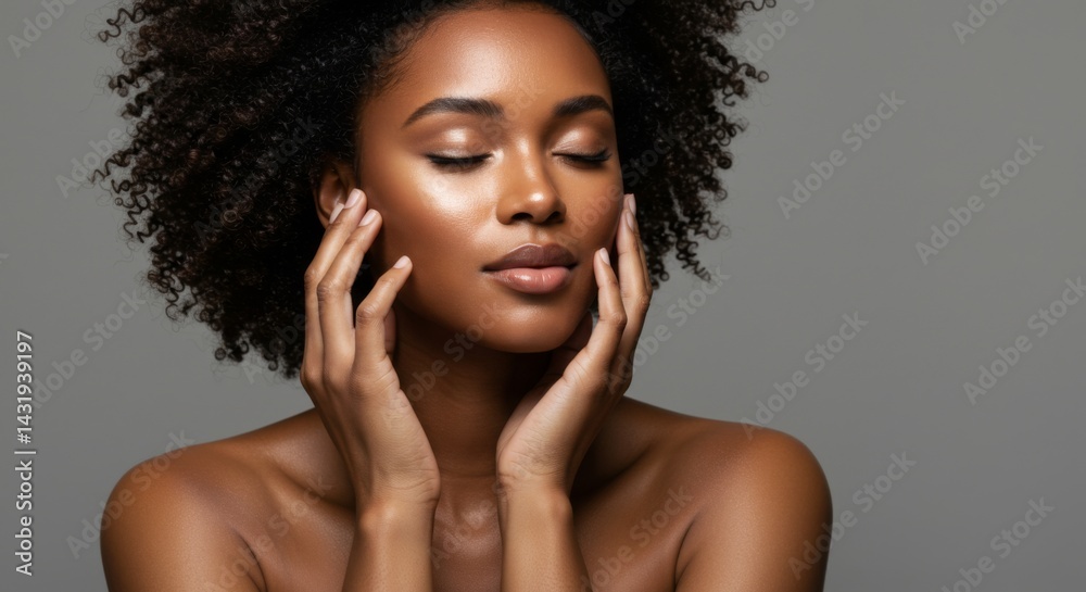 Tranquil beauty portrait of serene woman with natural curly hair and glowing skin for spa and skincare concepts