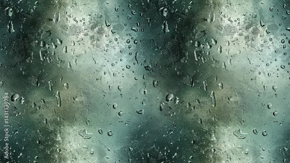 Seamless loop of raindrops on foggy glass in cool color tones.