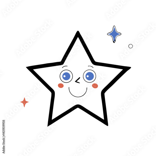 A cheerful star with bright blue eyes and rosy cheeks beams joyfully against a white background, radiating happiness and simple charm with a bold black outline.