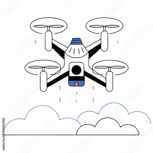 A futuristic drone delivering vital supplies above fluffy clouds, a bold graphic design with clean lines and vibrant colors.