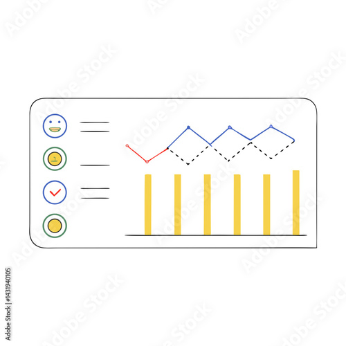 A playful dashboard showcasing upward trending data, reflecting positive feedback and growth with a hand-drawn style and vibrant color palette.