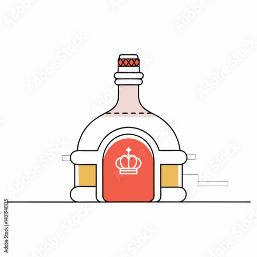 A regal bottle, a crown's emblem proudly displayed, hints at a royal lineage and exquisite taste with simple line art and bold color accents.